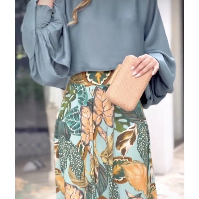 2024 Summer New Women\'s Clothing Set Lantern Sleeves Loose Top Printed Wide Leg Pants Two Piece Set Casual Ladies Trouser Outfit