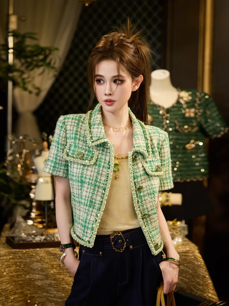 Spring Summer Office Ladies Green Plaid Short Sleeve Tweed Jacket Slim Turndown Collar Sequins Short Coat Single-Breasted Coats