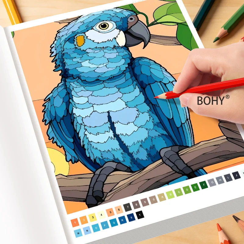 1 Adult Decompression Coloring Book, 32 Pages, Exquisite Thread Drafts on Themes Like Blue Parrot, Butterfly, Flower Fish, Etc.