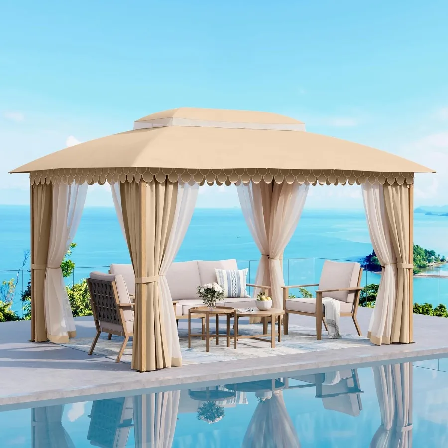 

Альтанка для патио на открытом воздухе размером 10x13 дюймов с навесом из дерева и сверхпрочным металлическим каркасом с двумя крышами, экранированными панелями и москитом