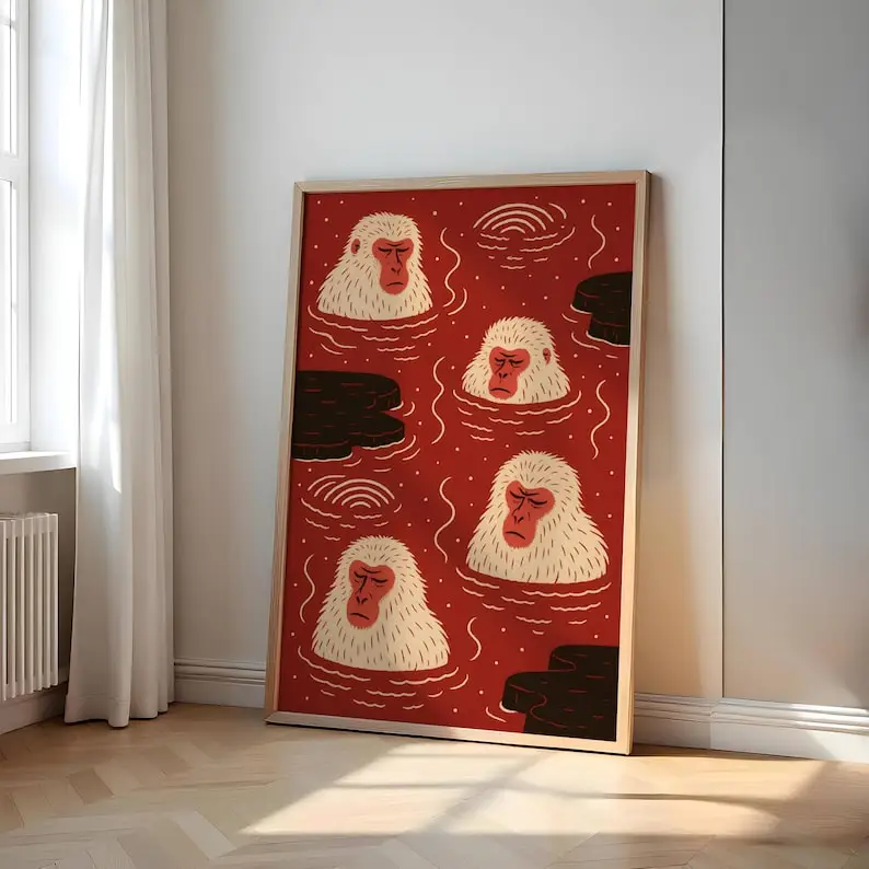 Impresión artística en lienzo de mono de nieve japonés, sin marco, estilo retro Zen, póster artístico de macaco de aguas termales para decoración de sala de estar y dormitorio