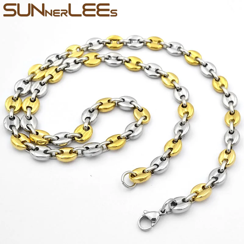 SUNNERLEES 316L Stainless Steel Necklace 5~11mm Coffee Beans Link Chain Gold Black Silver Color Men Women Jewelry Gift SC13