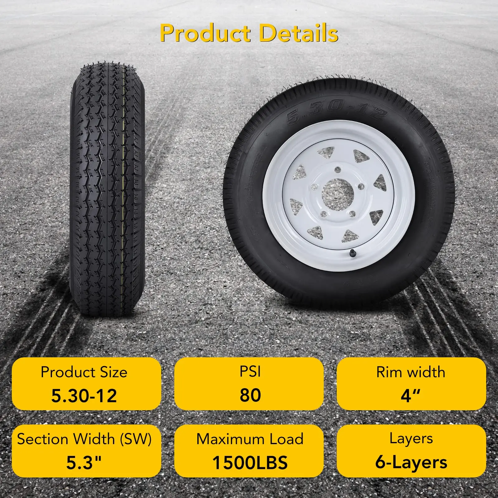 5.30-12 Trailer Tire, 5.30-12 Trailer Tire 5 Lug 2 Pack, Load Range C, 6PR, Set of 2