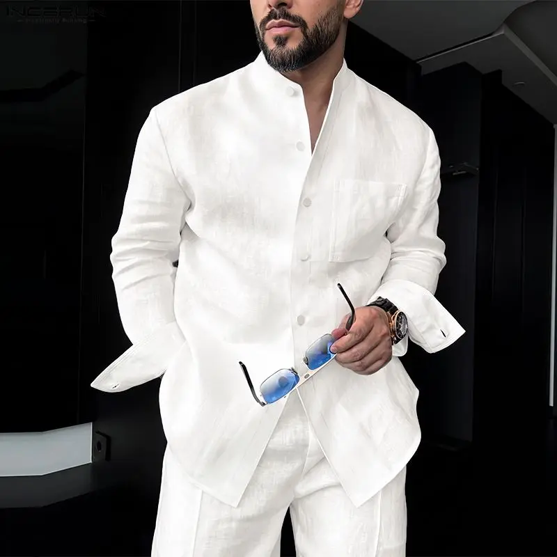 INCERUN Men's Shirt Solid Color Stand Collar Long Sleeve Button Men Clothes Vintage Streetwear 2026 Casual Tops For Man Shirts