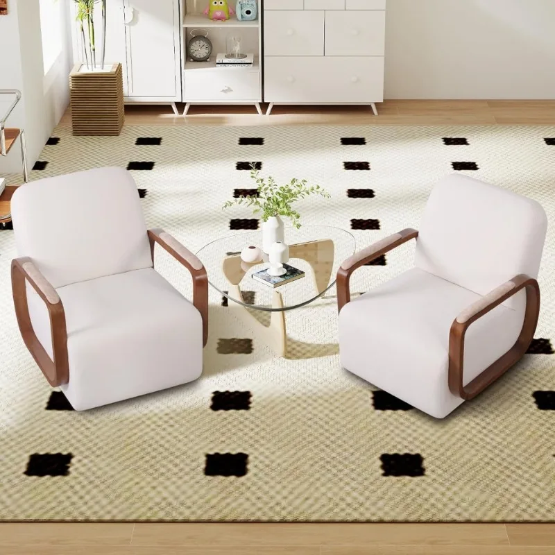 Hot Sale - Swivel Accent Chair with Solid Wood Base, Swivel Living Room Chair with Chenille Fabric (Beige, Set of 2)