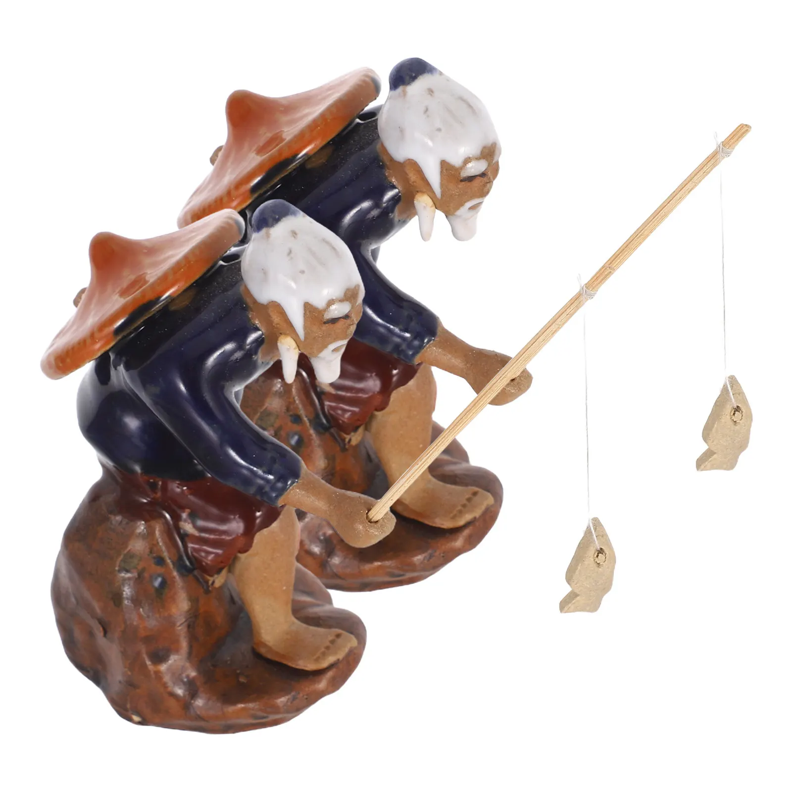 2Pcs Mini Fisherman Figurines Ceramic Fishing Statues for Bonsai Zen Garden Micro Landscape Decor