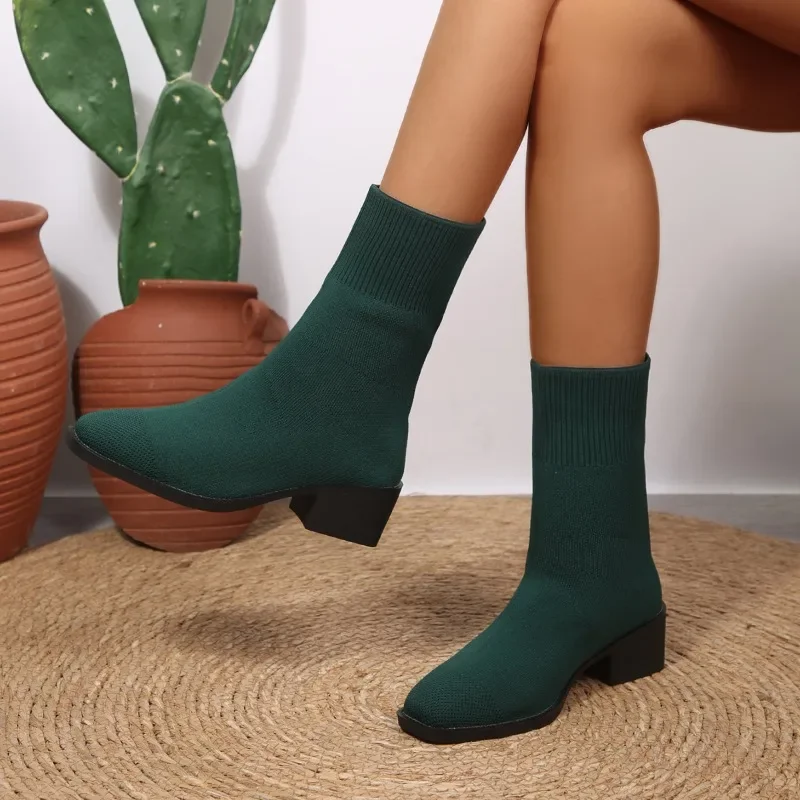 2026 Neue Einfarbige Damen-Strickstiefel bis zur Wadenmitte, Modische Stiefel mit Quadratischem Absatz, Elastische Stiefel für Herbst, Outdoor, Slip-on, Partyschuhe, Größe 43 – Detail 14