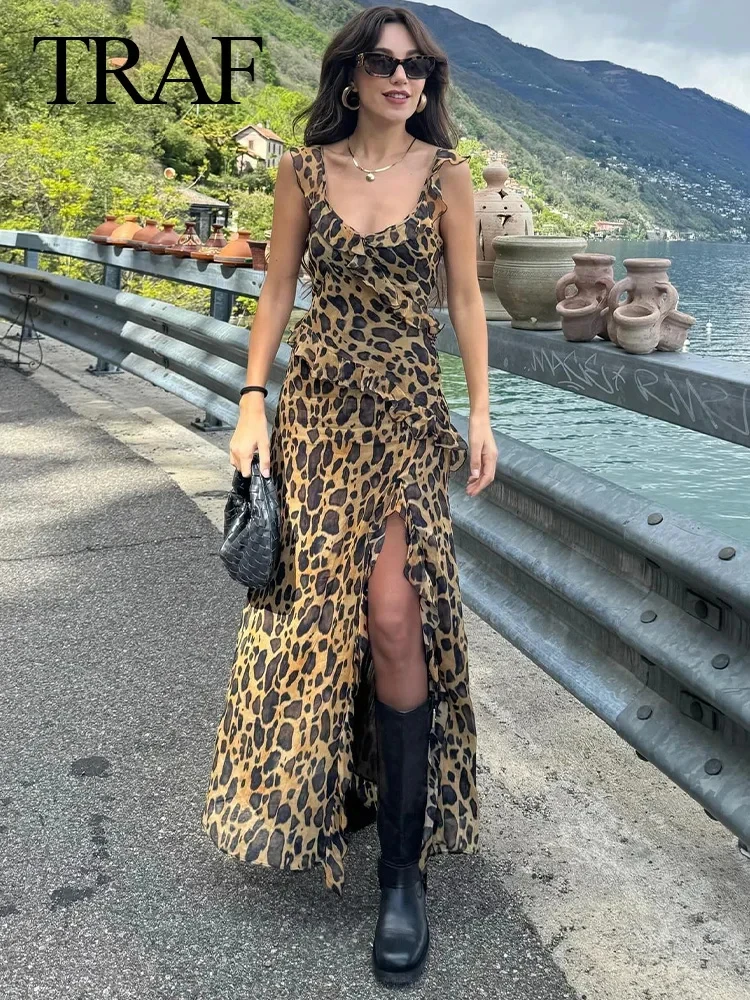 TRAFZA 2024 Woman Vintage Sexy Leopard Print Fold Sling Long Dress Female Summer V-Neck Sleeveless Backless Slim Slit Dress