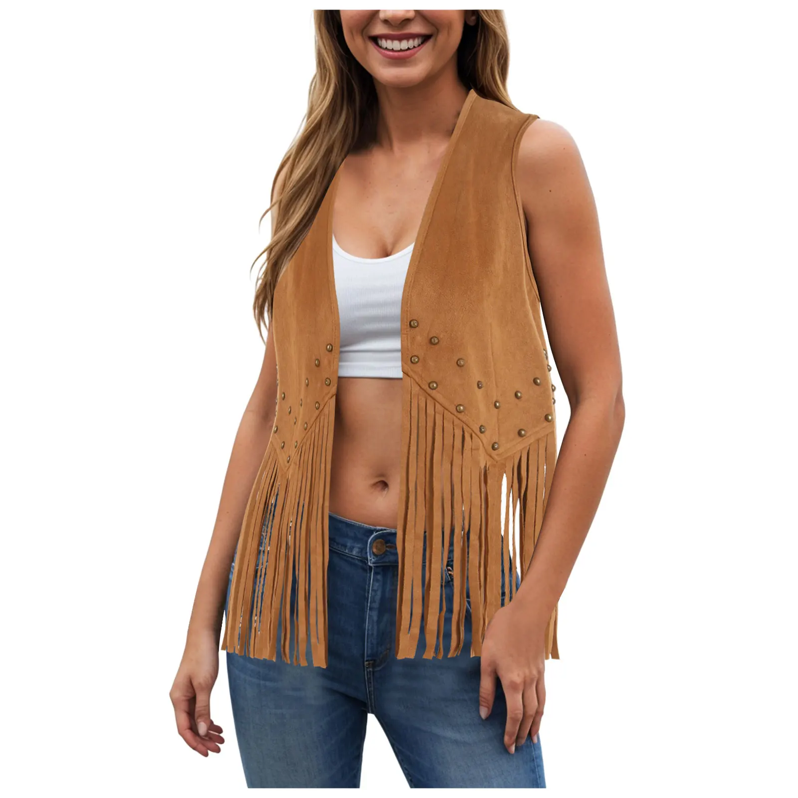 

Vintage Hippie Fringe Vests Women's Sleeveless Western Faux Suede Tassel Open Front Outerwear Streetwear Leather Jacket Women