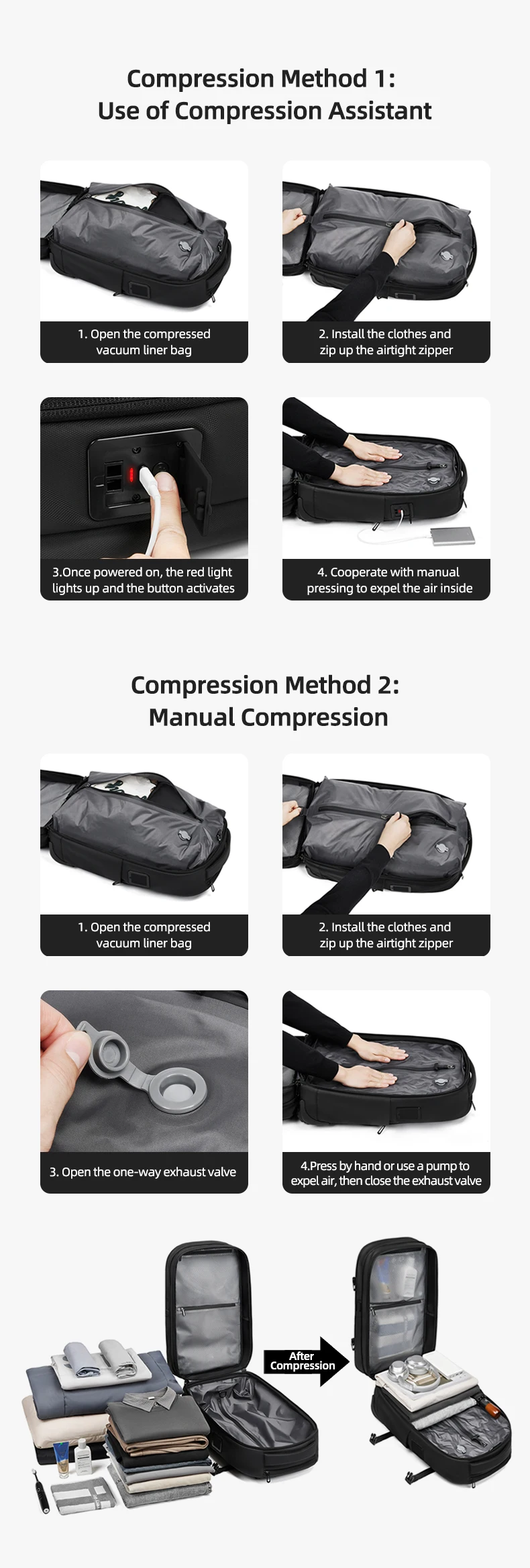 Reise-Trolley-Vakuum-Kompressions-Business-Rucksack mit Pumpe für Herren, Rucksack auf Rädern, Rollgepäck, Bergsteigertasche – Detail 16