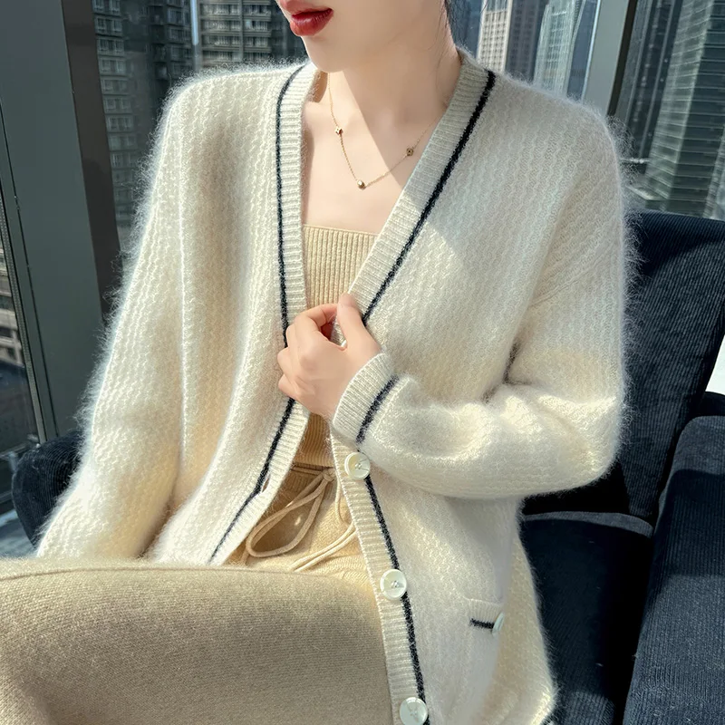 

Elastic 100% Mink Cashmere Cardigan Sweater For Winter Women V-Neck Long Sleeve Knitwear Basic Elegant Warm Clothing Tops