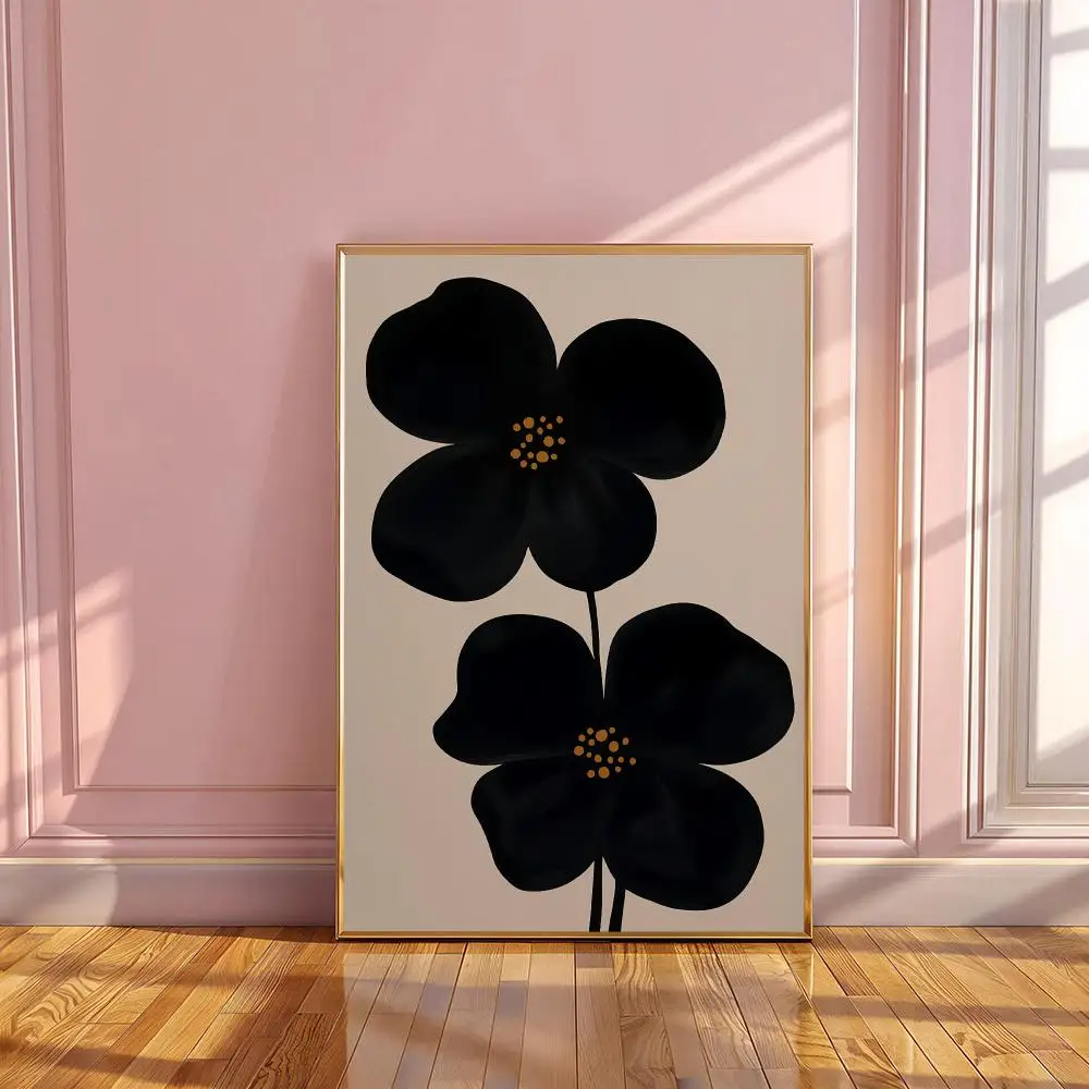 Moody Black Floral HD Wall Art Poster Abstract Oversized Flower Mid Century Japandi Black Beige Living Room Home Decor Gift