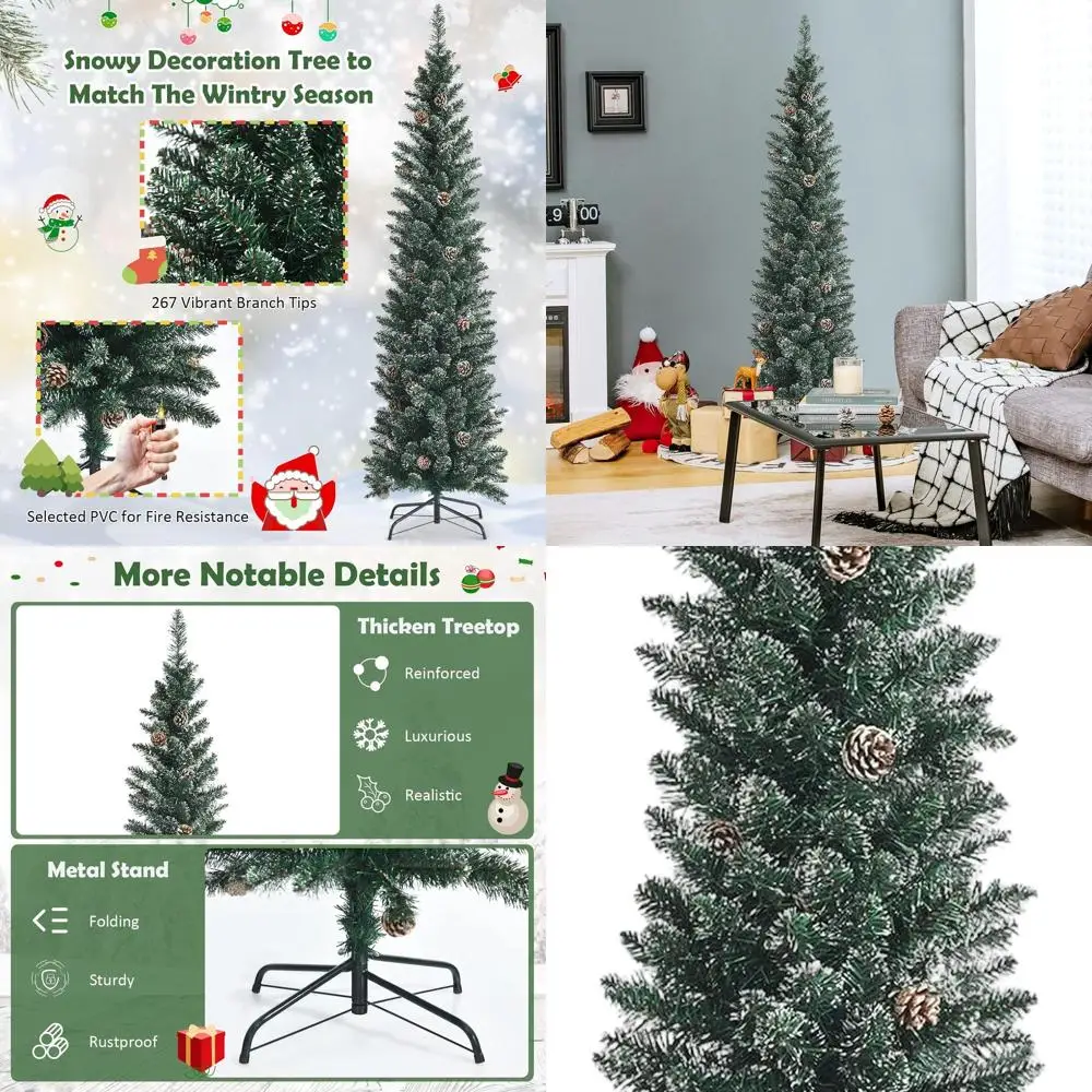 

6-Foot Tall Snowy PVC Pencil Xmas Tree with 267 Branch Tips & 31 Cones, Ideal for Home and Office Festive Decor