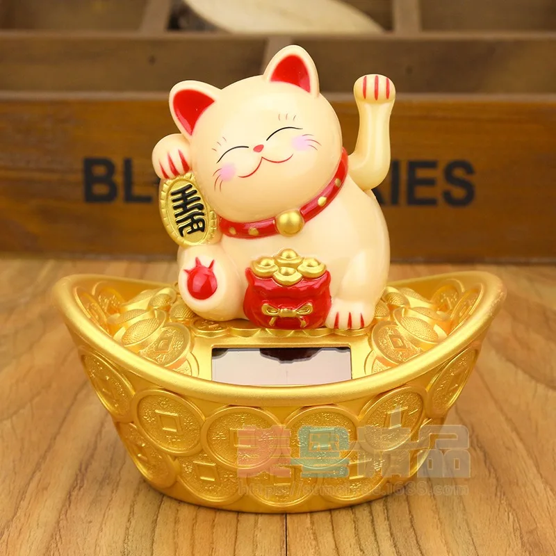 

Miniatures Gold Ingot Solar Energy Lucky Cat Ornament Solar Wealth Welcome Waving Hand Fortune Cat Statue For Home Car Decor