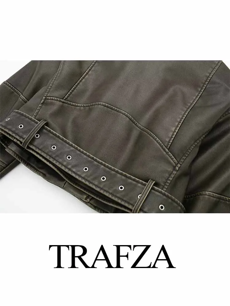 TRAFZA Women\'s Spring Black Fashion Imitation Leather Jacket European Style+Polo Collar Long Sleeve Pocket Zipper Belt Style