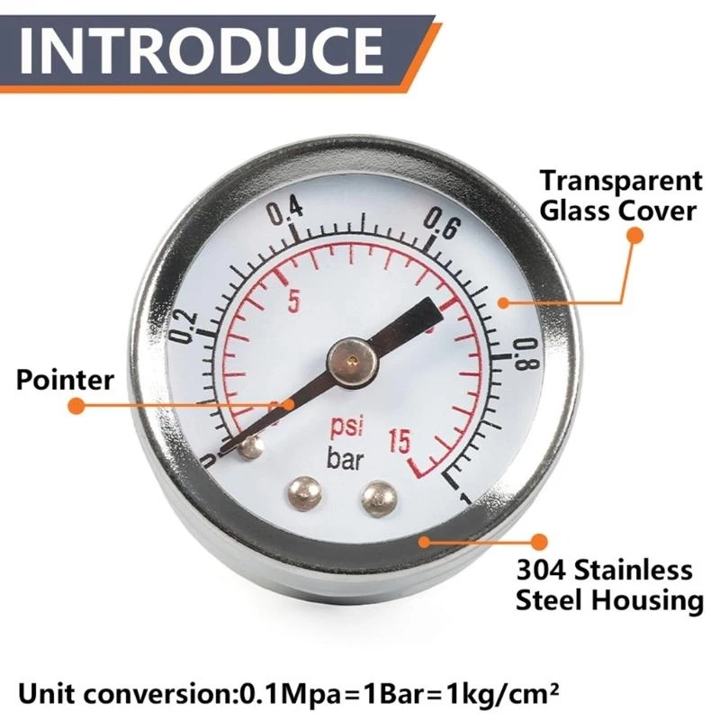 Pressure Gauge 0-15PSI 0-1Bar Pressure Gauge for Fuel Injections Systems