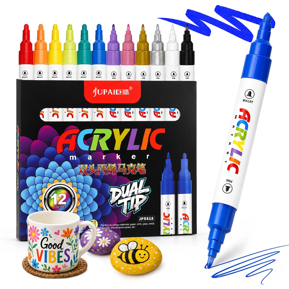 

12 Colors Dual Tip Acrylic Markers Art Painting Pens Paper Clothing Glass Metal Ceramic Wood DIY Crafts Office School Supplies