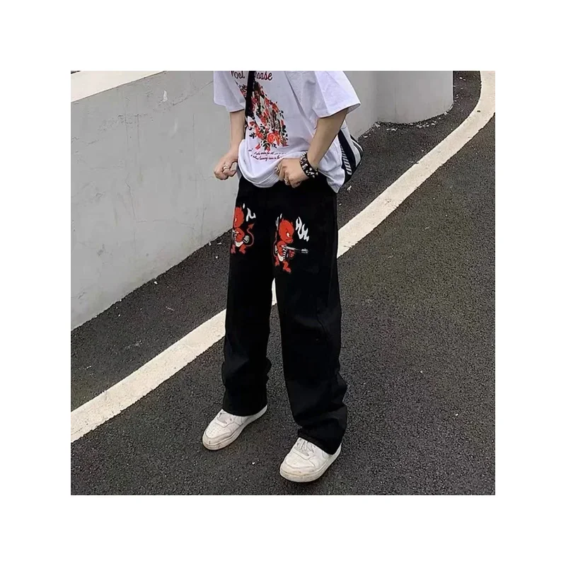 Y2K hip-hop demon print oversized jeans pants men new fashion casual Harajuku Gothic loose straight stacked trousers streetw mn7