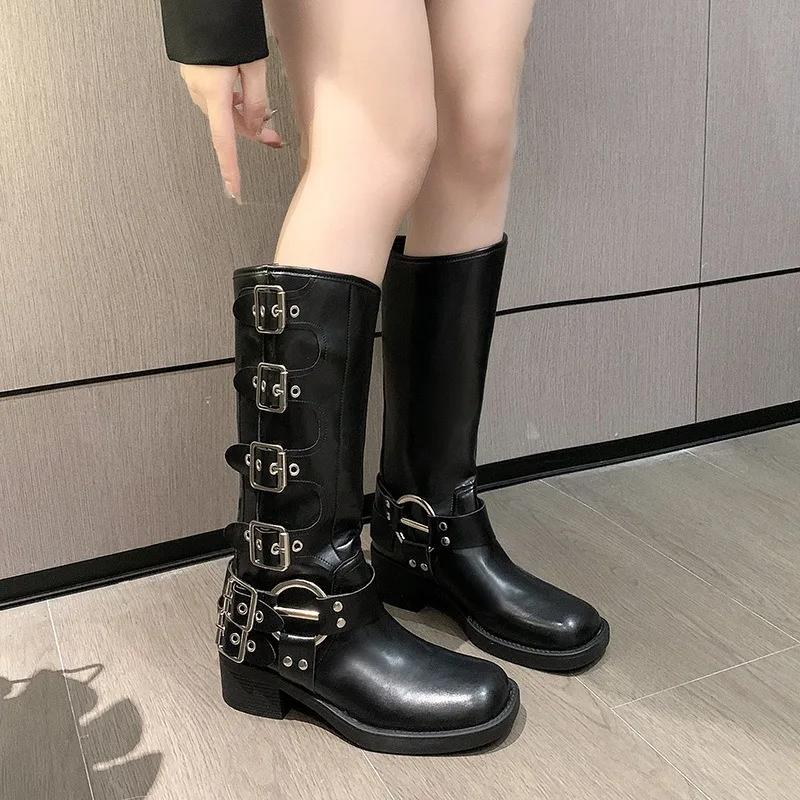 2025 High Quality Leather Punk Metal Buckle Coarse Following 4.5CM Knight Boots Women Brown Long Boots Autumn Motorcycle Booties