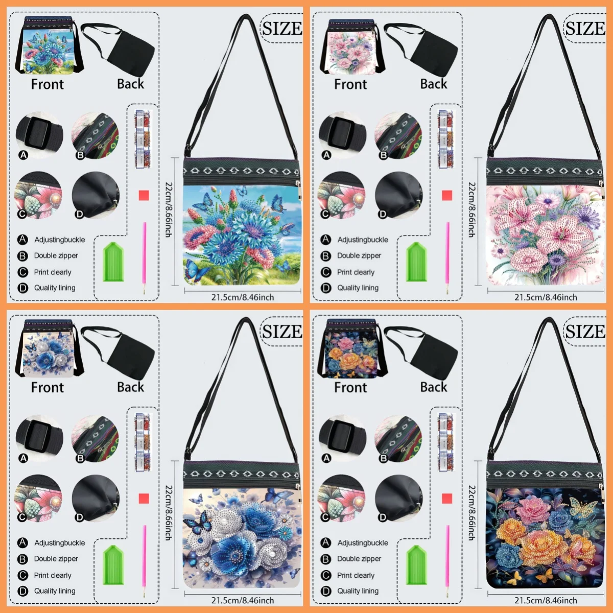 1 Piece Diamond Painting kit Messenger bag flower Butterfly pattern canvas Material is very Suitable for going out to play