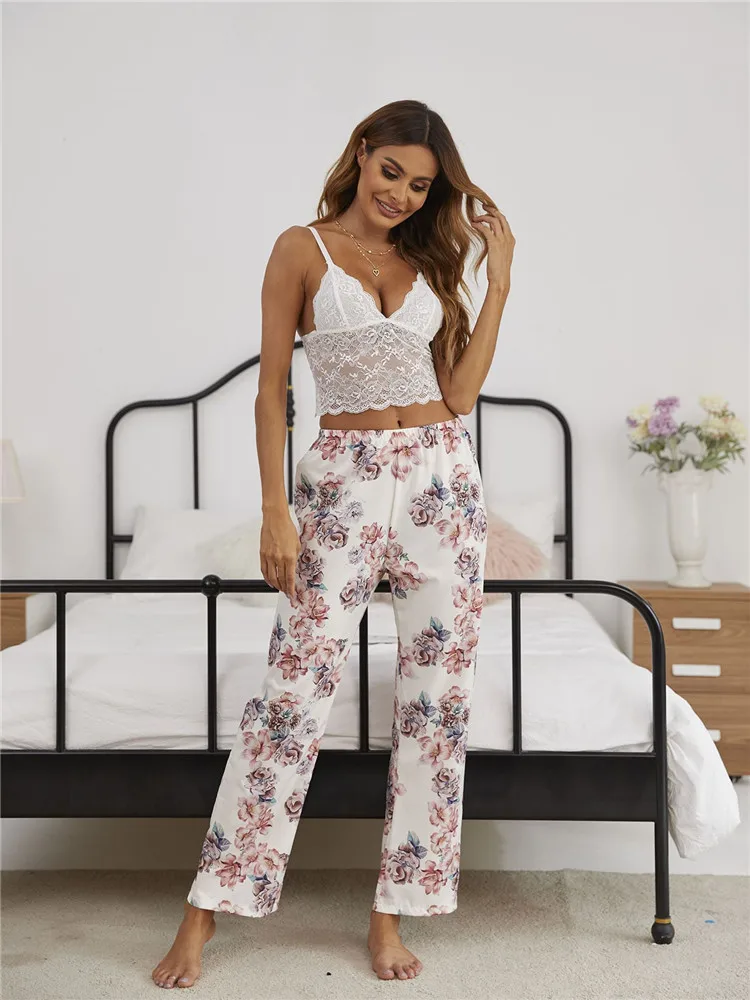 Summer Women's 2 Piece Pajama Set  White Lace Camisole & Pant Floral Print Sleepwear Sexy Bralette Shorts