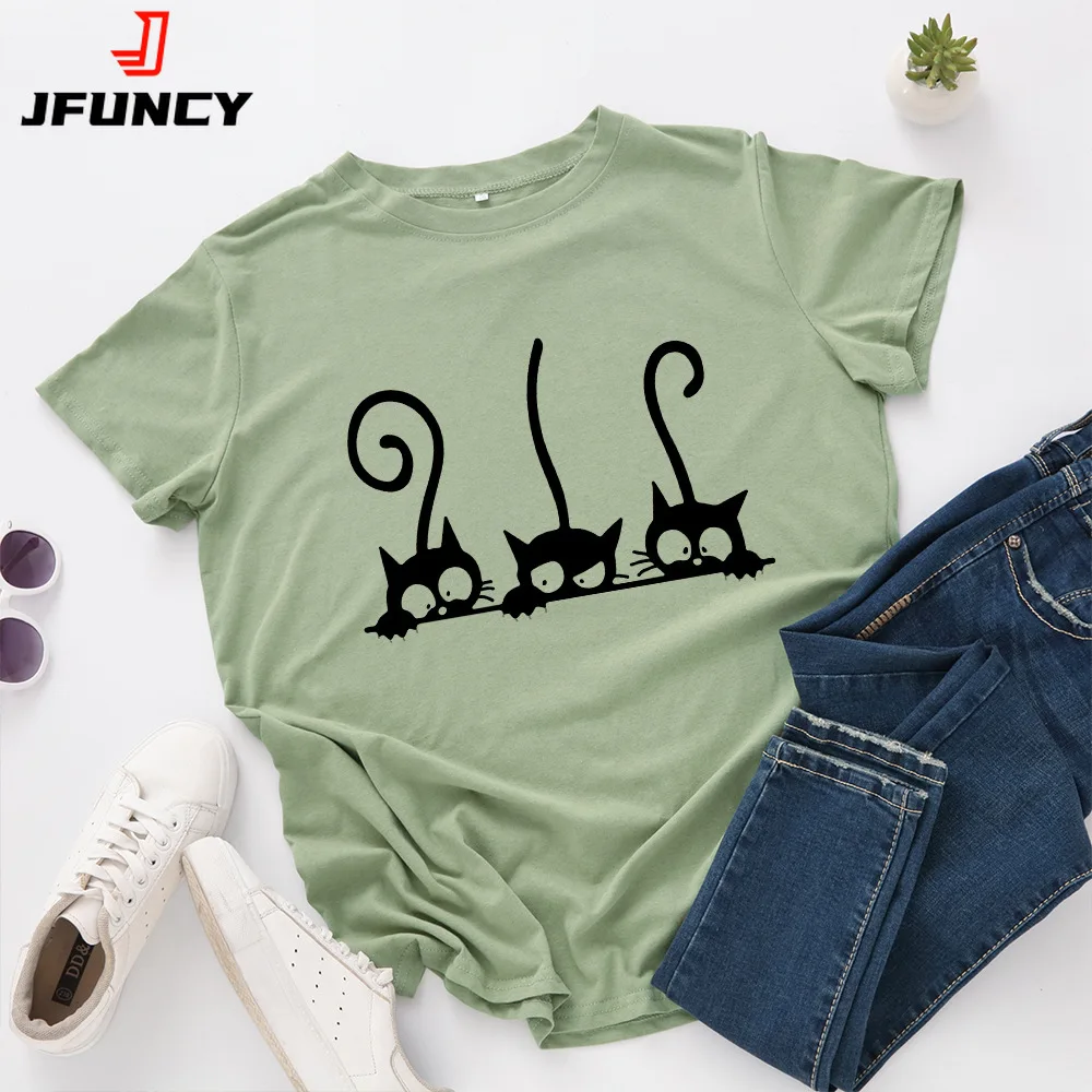 

100% Cotton Women T Shirt New Cat Print T-shirts Female Short Sleeve Tees Tops Woman Summer Tshirt