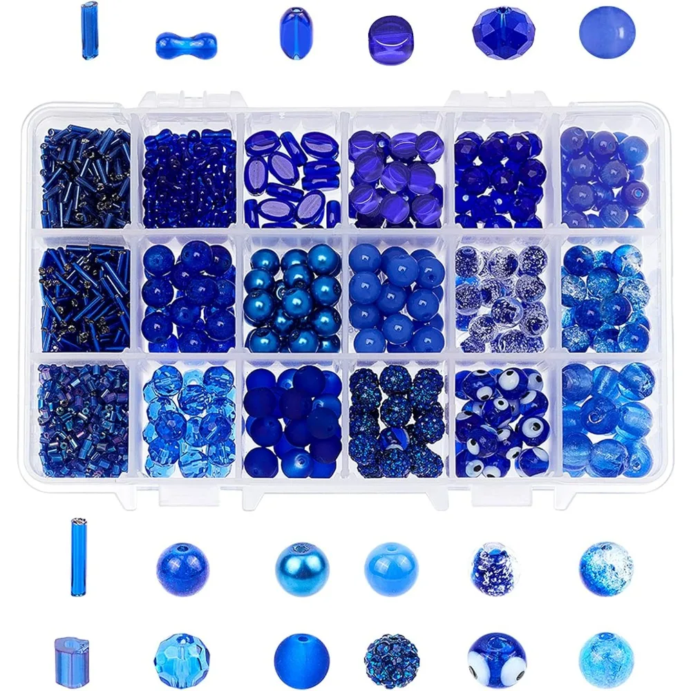 345pcs Rondelle Royal Blue Glass Beads with 60g Tube Blue Glass Beads 6mm 8mm 9mm 10mm for Jewellery Making with Container Box