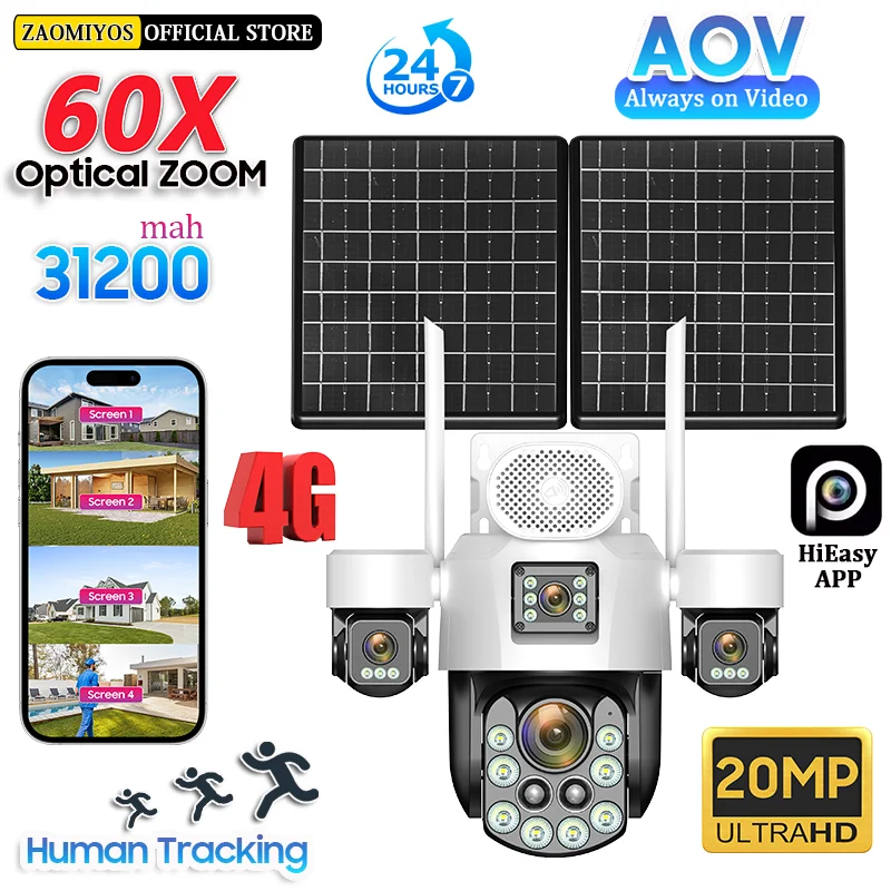 ZAOMIYOS AOV Outdoor Solar Surveillance Camera 4G SIM Auto Tracking 60X Optical Zoom 4 Screen Home Security System 24/7 Record