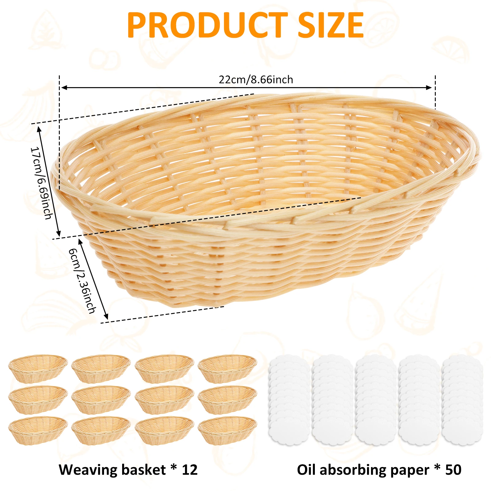 12Pcs Plastic Woven Bread Serving Basket with Blotting Sheets Rattan Storage Bowls Fruit Snack Display Basket Kitchen Supplies