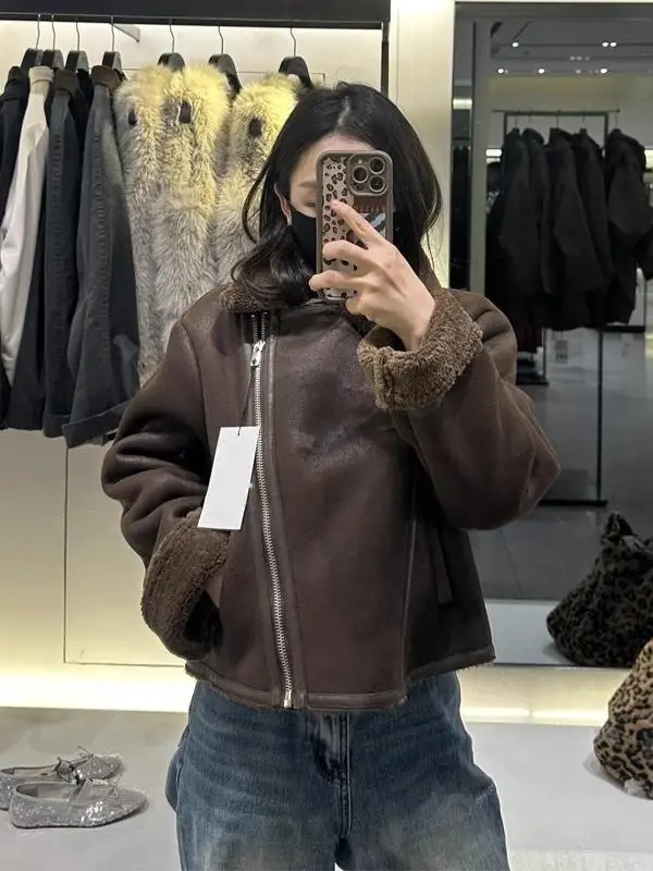 Chaqueta corta de manga larga con cuello de doble cara uesa estilo motocicta para mujer prendas de vestir exteriores fib...
