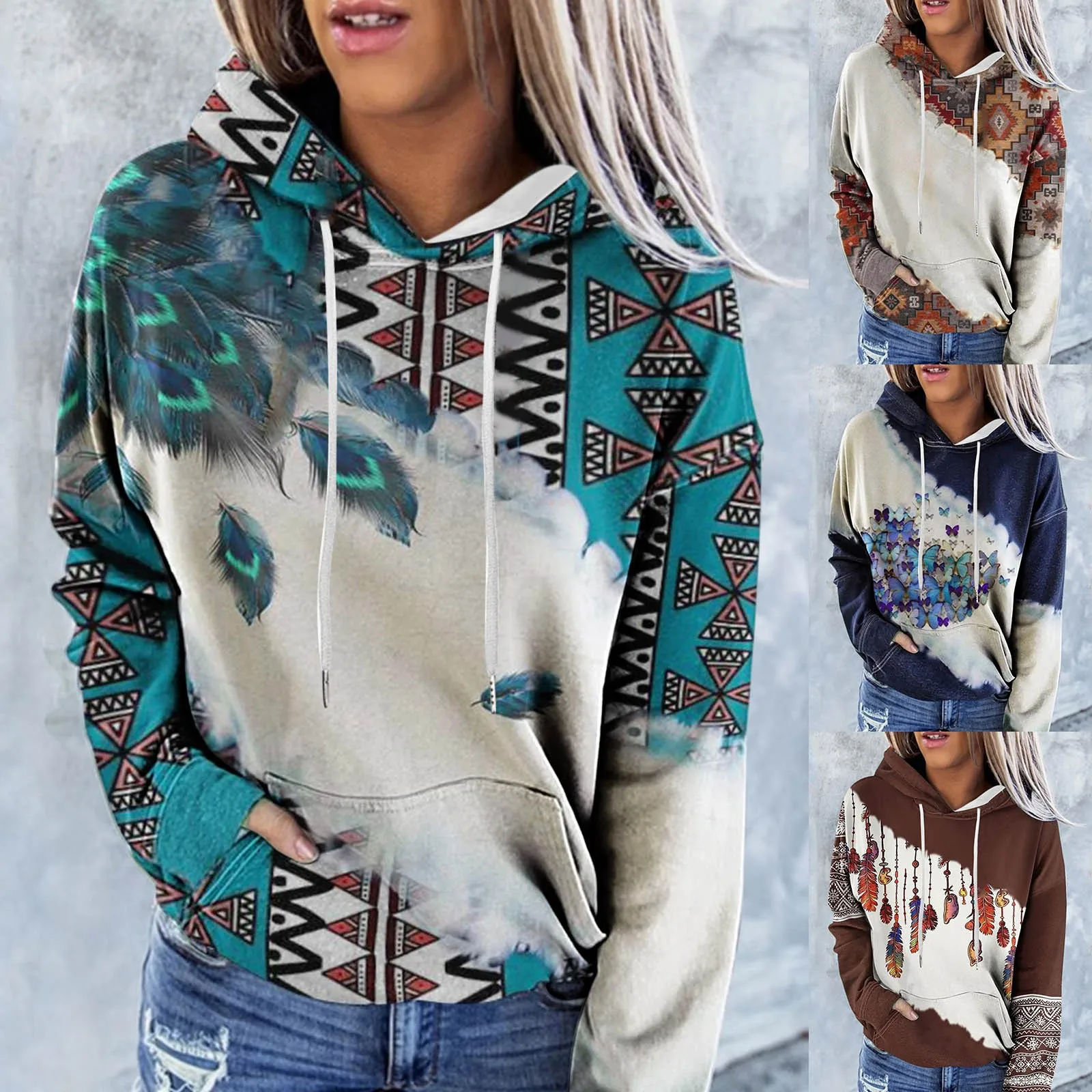 Womens Casual Geometric Horse Print Long Sleeve Drawstring Pullover Tops Ethnic Style Hooded Oversized Sweatshirt For Women