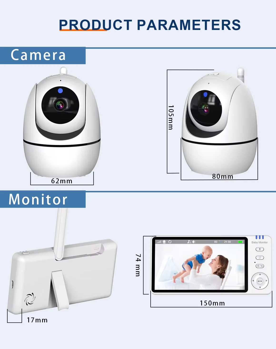 5in Display Wireless Infant Monitoring Device Digital Zoom Baby Safety Camera Built-in Temperature Detector Lullaby Playing Func
