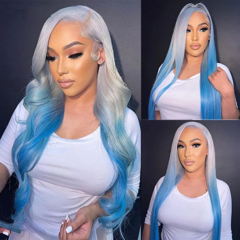 

Straight human hair 30 Inch White Blue Ombre Colored human wigs 13x4 Lace Front Drag Queen Cosplay Wigs For Women Preplucked