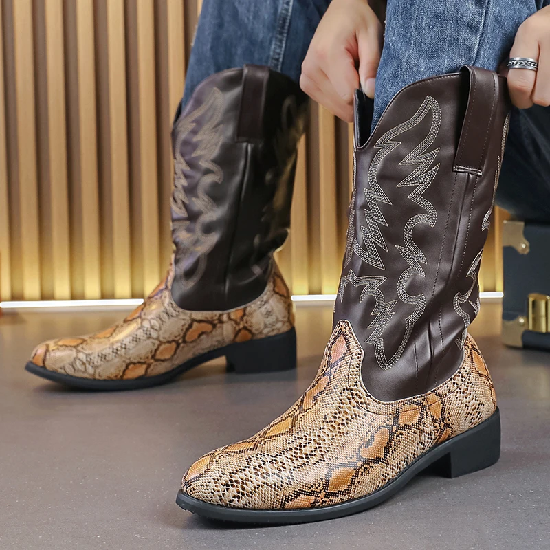 High Western Cowboy Boots Men Riding Boots Artificial Leather Handmade Embroidery Pointed toe Mid-calf Big Size 47 48