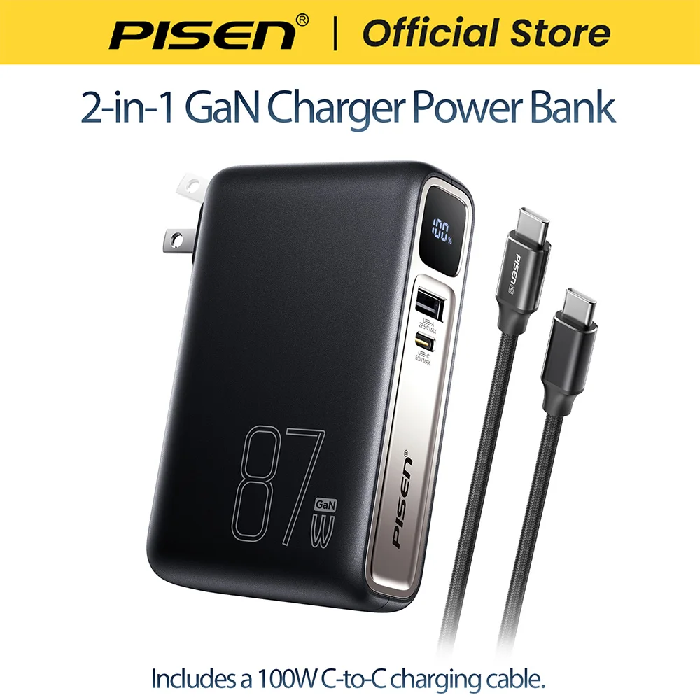 PISEN 10000mAh Power Bank with Wall Plug, 87W GaN 2-in-1 Hybrid Charger, Portable Charger with Built-in AC Plug, Fast Charging Battery Pack for iPhone 16/15, MacBook, Samsung, Laptops – Includes 100W USB-C Cable