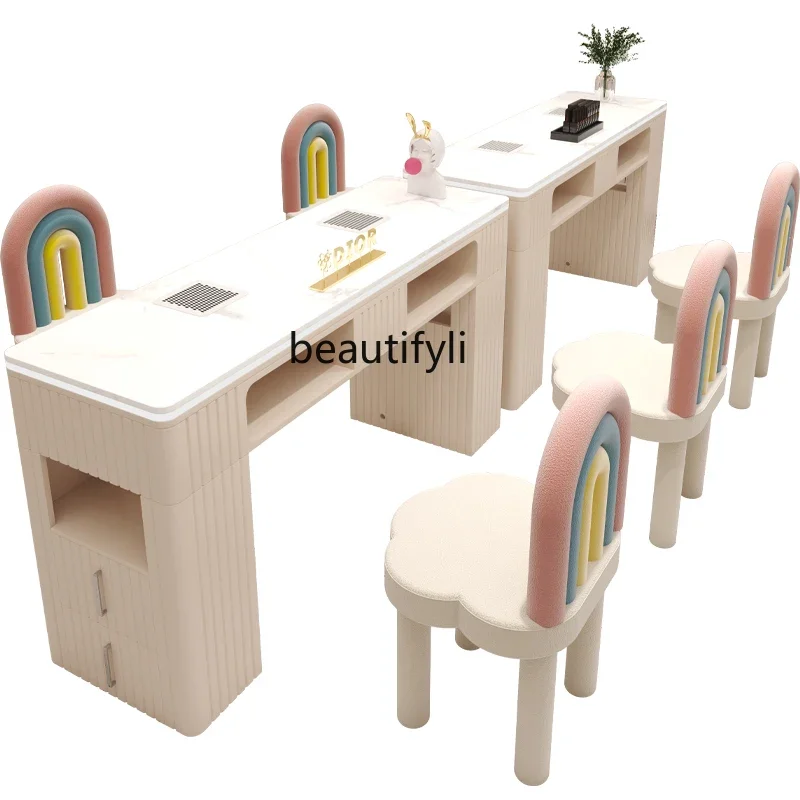 Cream wind manicure table and chair set marble desktop with vacuum cleaner socket manicure table