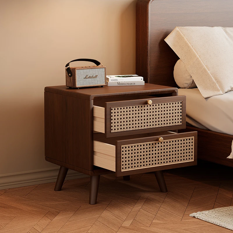 Solid Wood Nightstand with Woven Rattan Drawers Walnut Bedside Table for Bedroom Two-Drawer Storage Cabinet Minimalist End Table