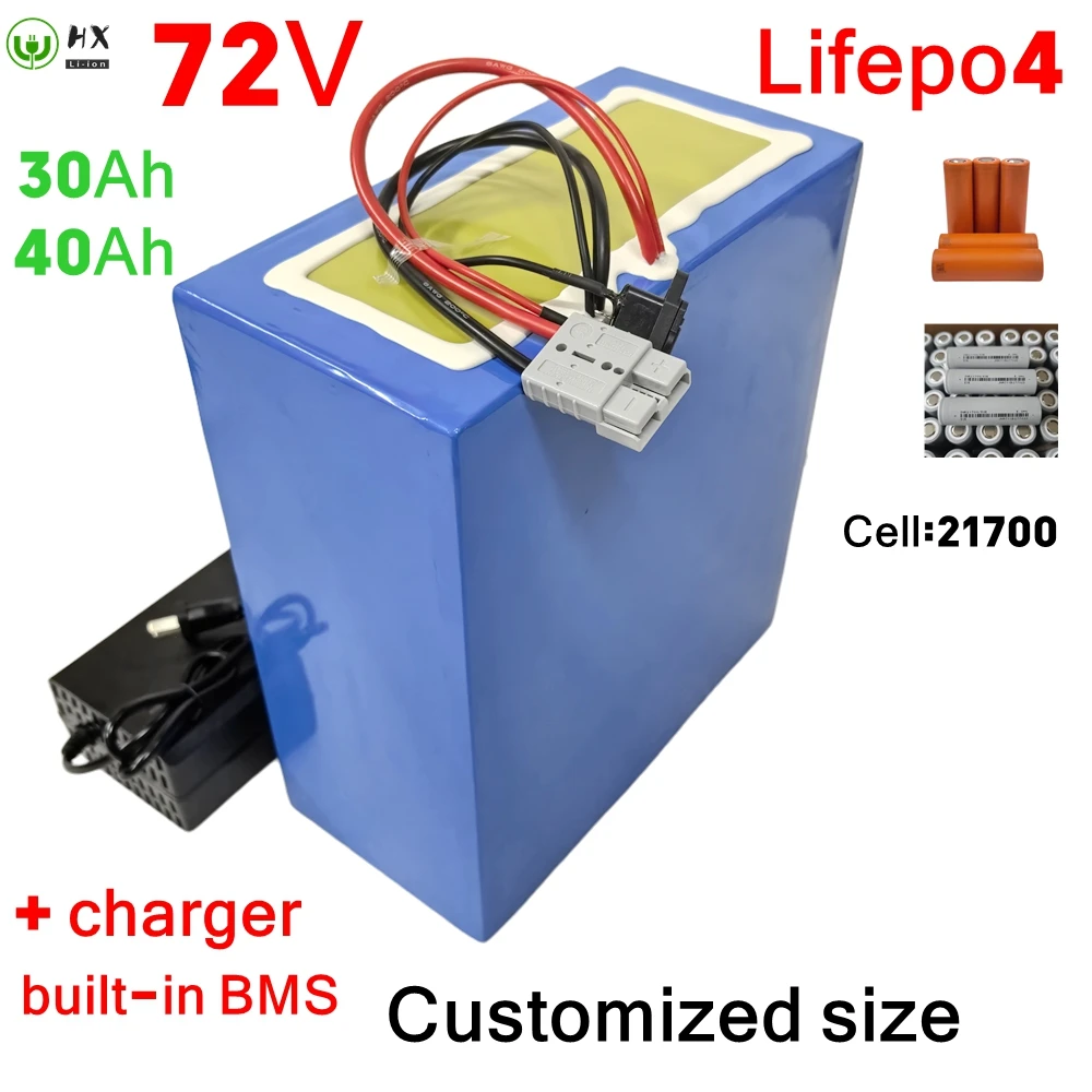 Batterie au lithium Lifepo4 pour moto avec BMS injuste, scooter, voiturette de golf, vélo électrique, chargeur 5A, 72V, 30Ah, 40