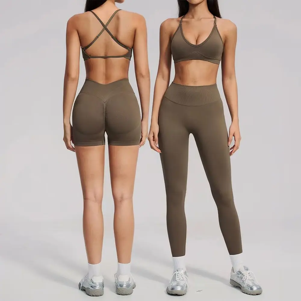2PCS Yoga Set Women Backless Bra High Waist Scrunch Leggings Seamless Gym Suit Fitness Clothes Sports Outfits Athletic Wear Sets