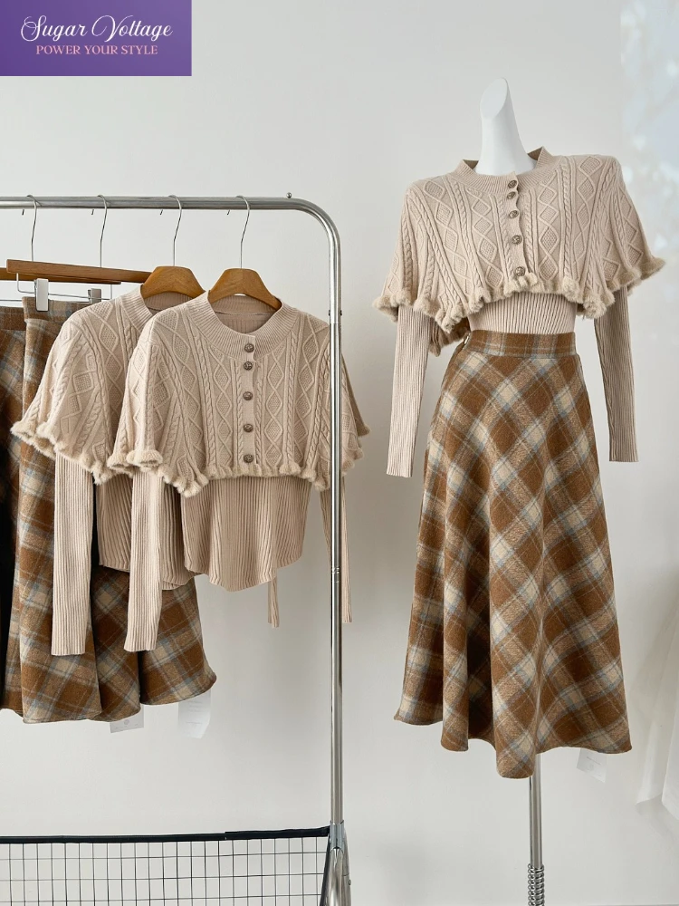 French Elegant Cape Knit Dress Women Autumn Winter New Fashion High Waist A Line Skirt Korean Fashion Outfit 2 Piece Set Retro