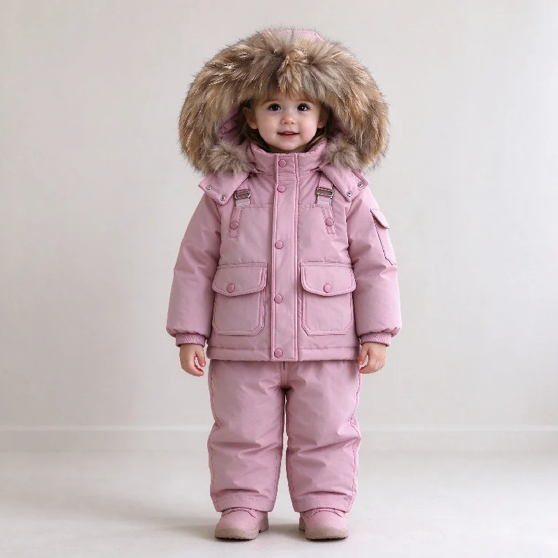 -30℃ Winter Jacket Jumpsuit 2Pcs Set Children Thick Warm Down Cotton Suits Boys Girls Ski Snowsuit Parka Overalls Outfits