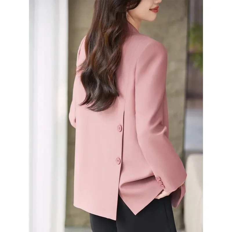 Blazer longgar lengan panjang wanita, jaket kasual lengan panjang Single Breasted Coklat Hitam Pink abu-abu untuk musim gugur dan dingin