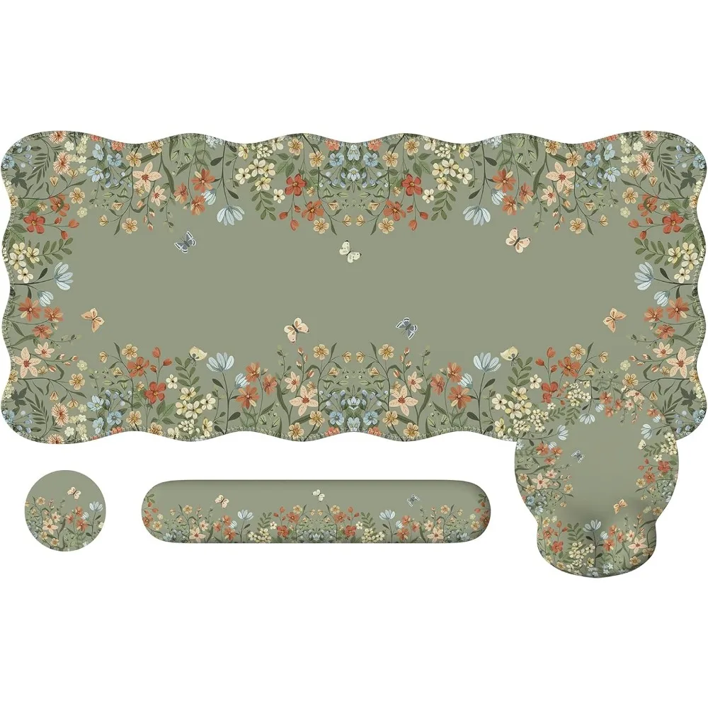 Large Ergonomic Desk Mat Set with Wrist Rest, Floral Computer Mouse Pad for Home Office Gaming (Green)