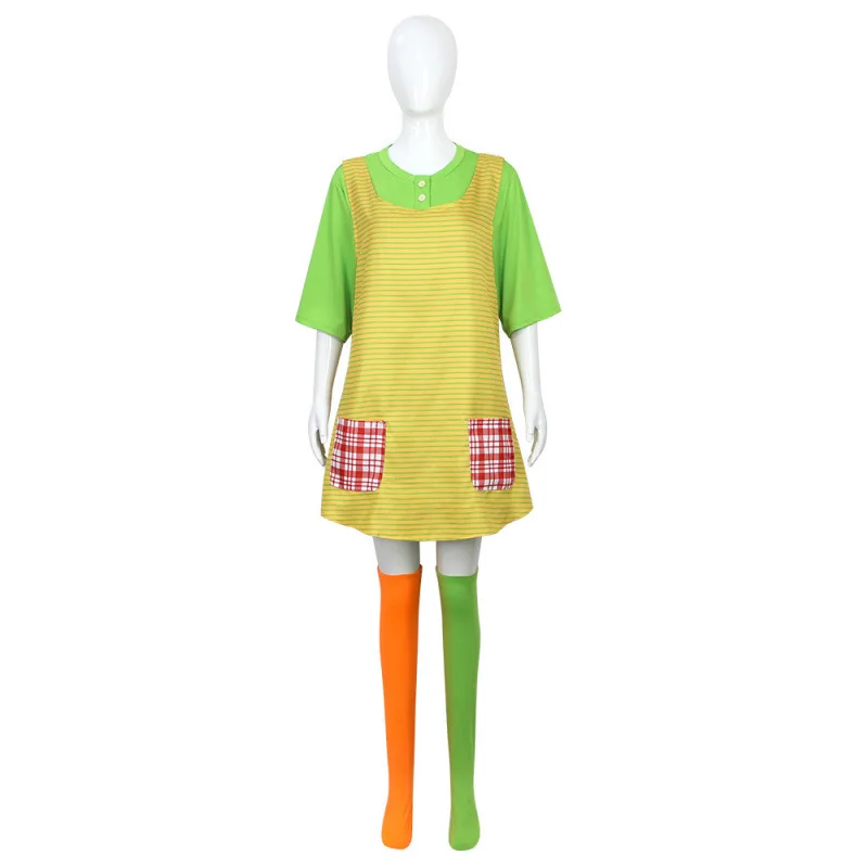Anime Pippi Longstocking Cosplay Costume Striped Apron Green Shirt  with Apron Socks Full Set Halloween Carnival Party Outfit view 3