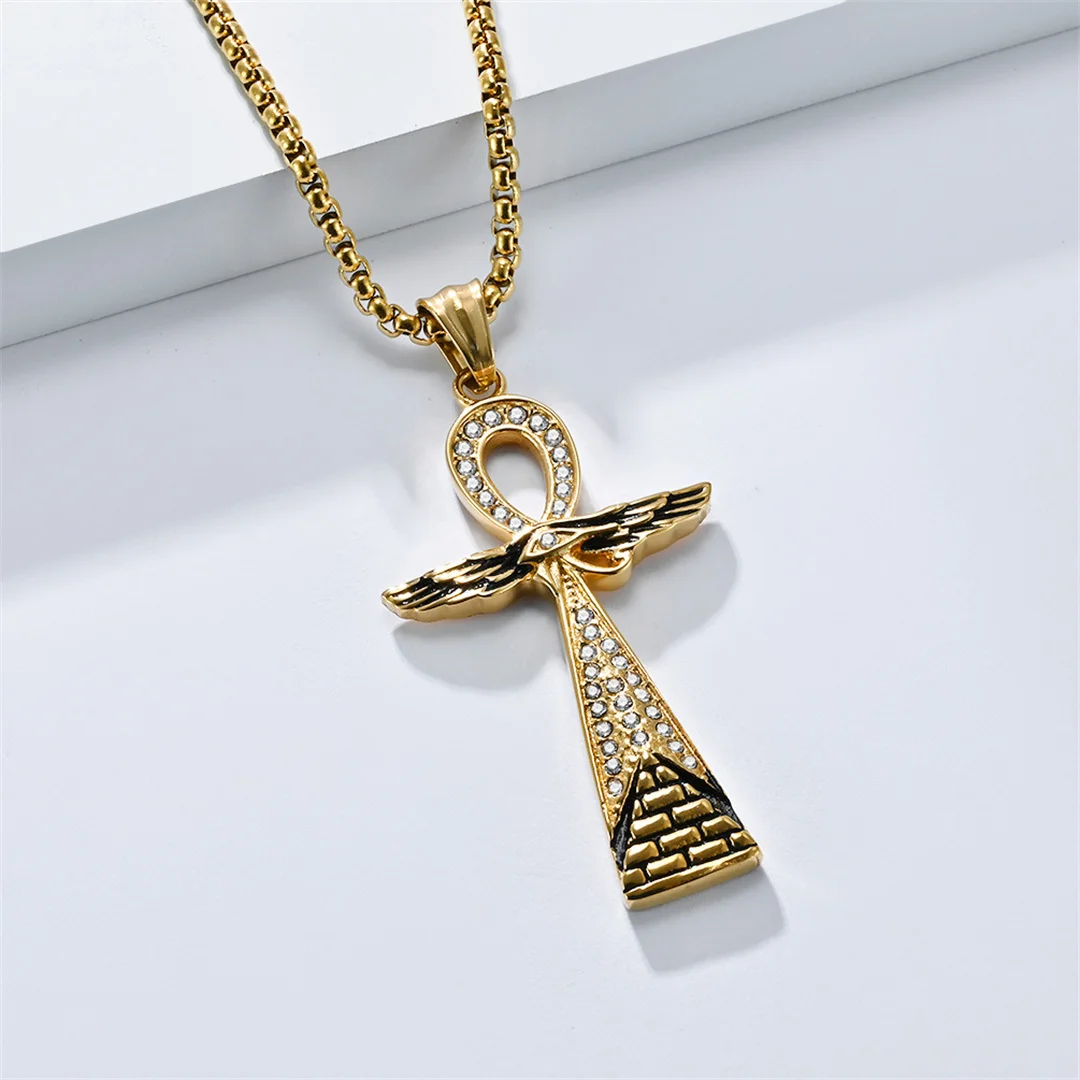 Egypt Iced Out Eye of Horus Pyramid Ankh Cross Pendant Gold Silver Color Stainless Steel Egyptian Necklace for Woman Men Jewelry