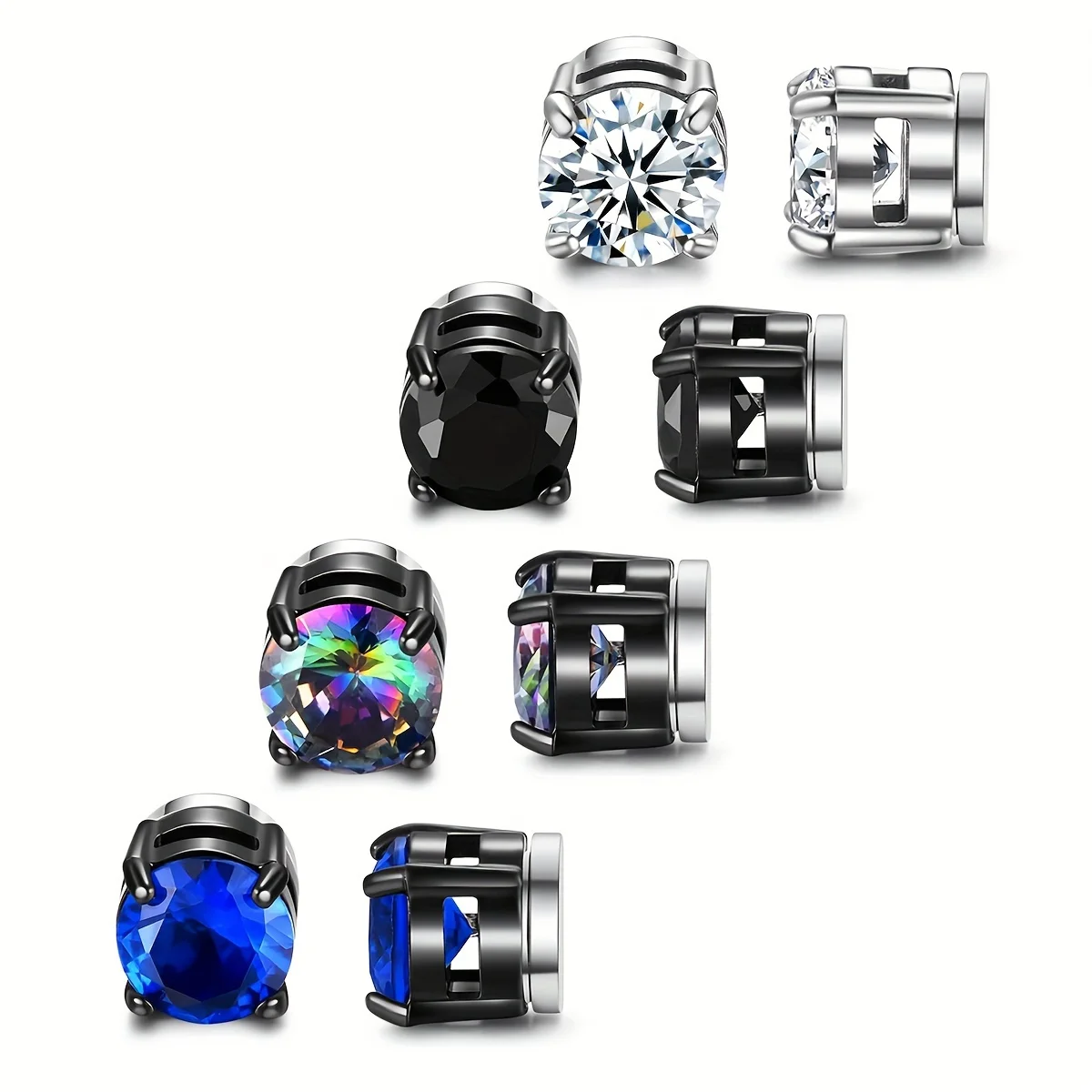 【セール中】4 ペア 6MM キュービックジルコニア磁気スタッドピアス男性用、ステンレス鋼磁気クリップオンイヤリング、非ピアスイヤリング