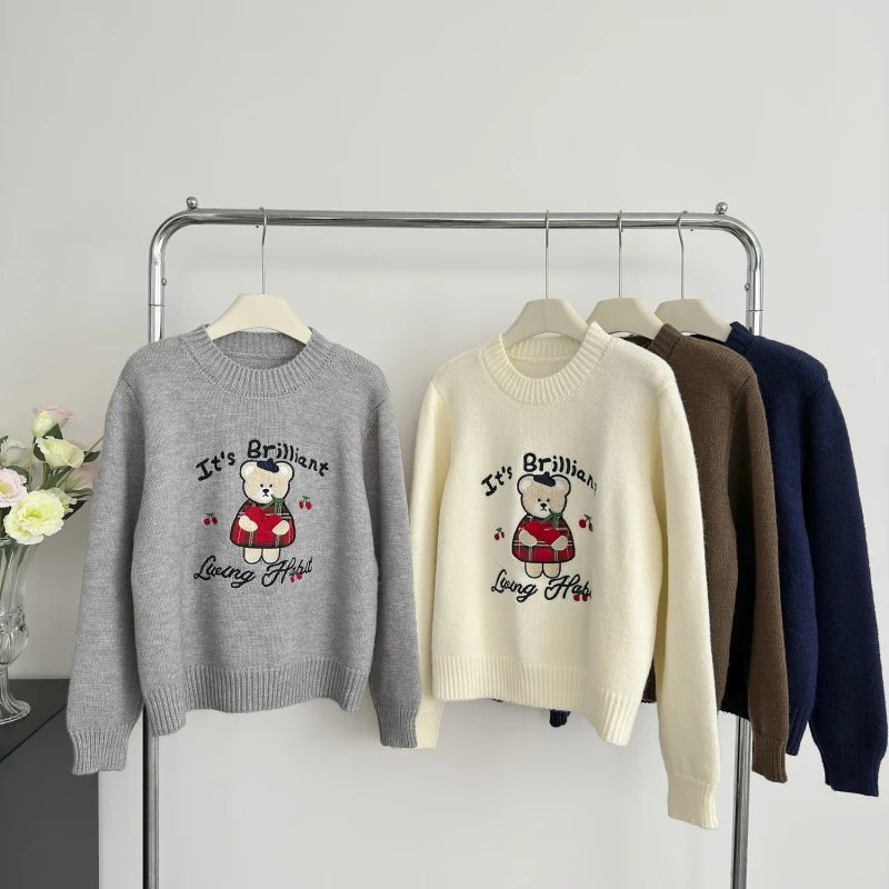 Sweter damski Bear O-Neck Sweter zimowy z długim rękawem Y2K High Street 2000s College Retro Casual Loose Top 2024 Odzież Nowość