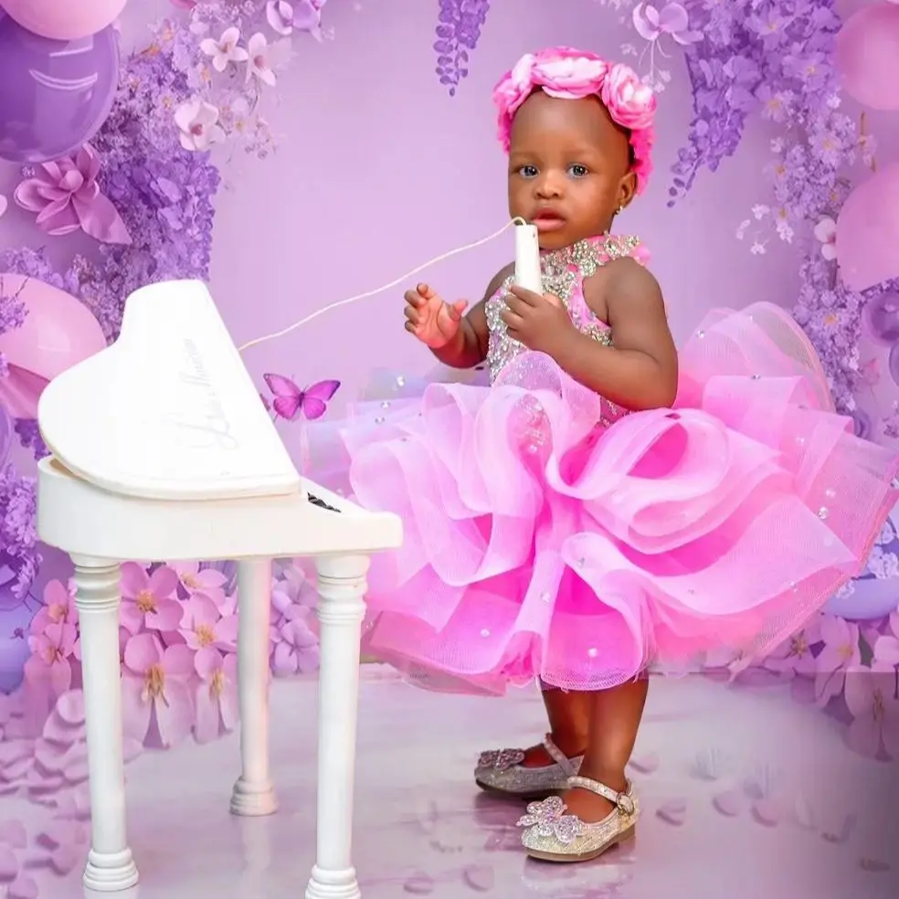 

Lovely Pink Flower Girl Dress Crystal Girls Birthday Party Dress High Neck Sleeveless for Wedding Kids Prom Ball Gown Customized