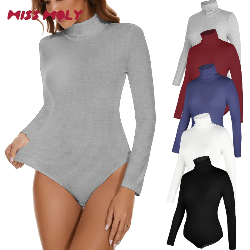 Turtle Neck Bodysuit lengan panjang wanita, Jumpsuit atasan lapisan elastis warna hitam polos Slim Fit satu potong