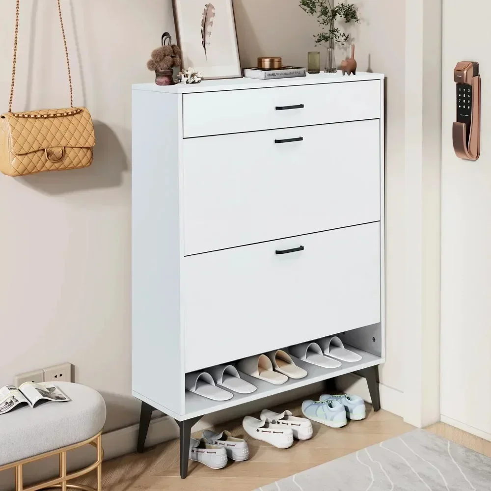 

Shoe Cabinet, Modern Freestanding Shoes Storage Cabinet with 2 Flip Drawers & 1 Slide Drawer, Open Shelf, Shoe Cabinet